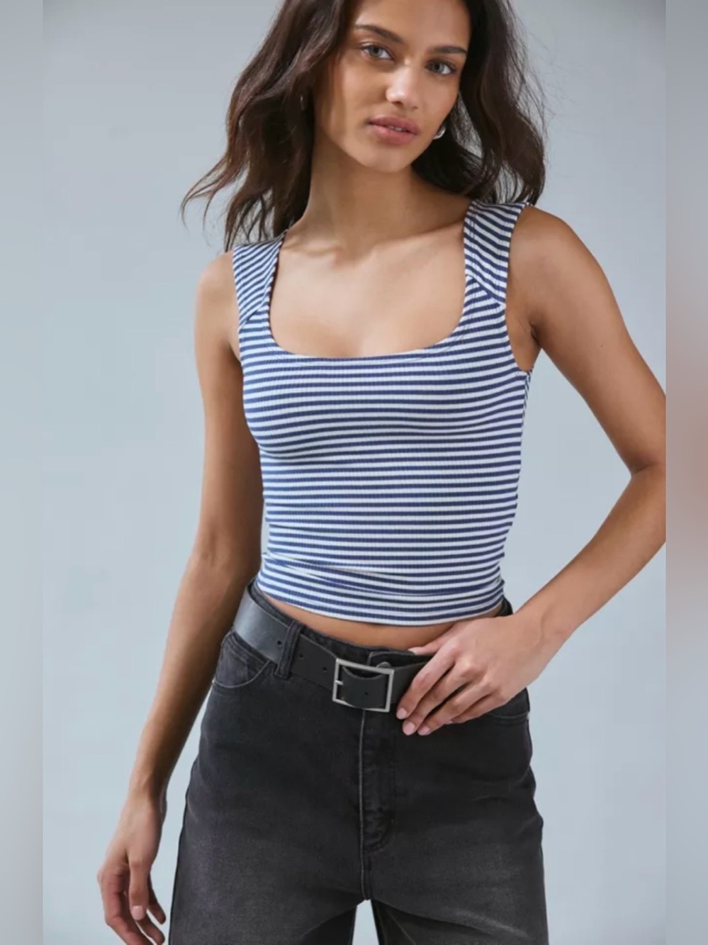 BDG Ribbed Navy and White Striped Square-Neck Tank